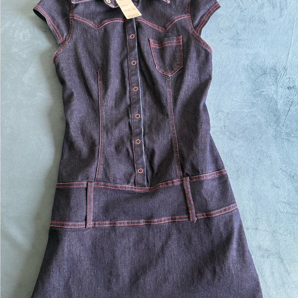 UO ECOTE STACEY DENIM BUTTON FRONT DROP WAIST MINI DRESS